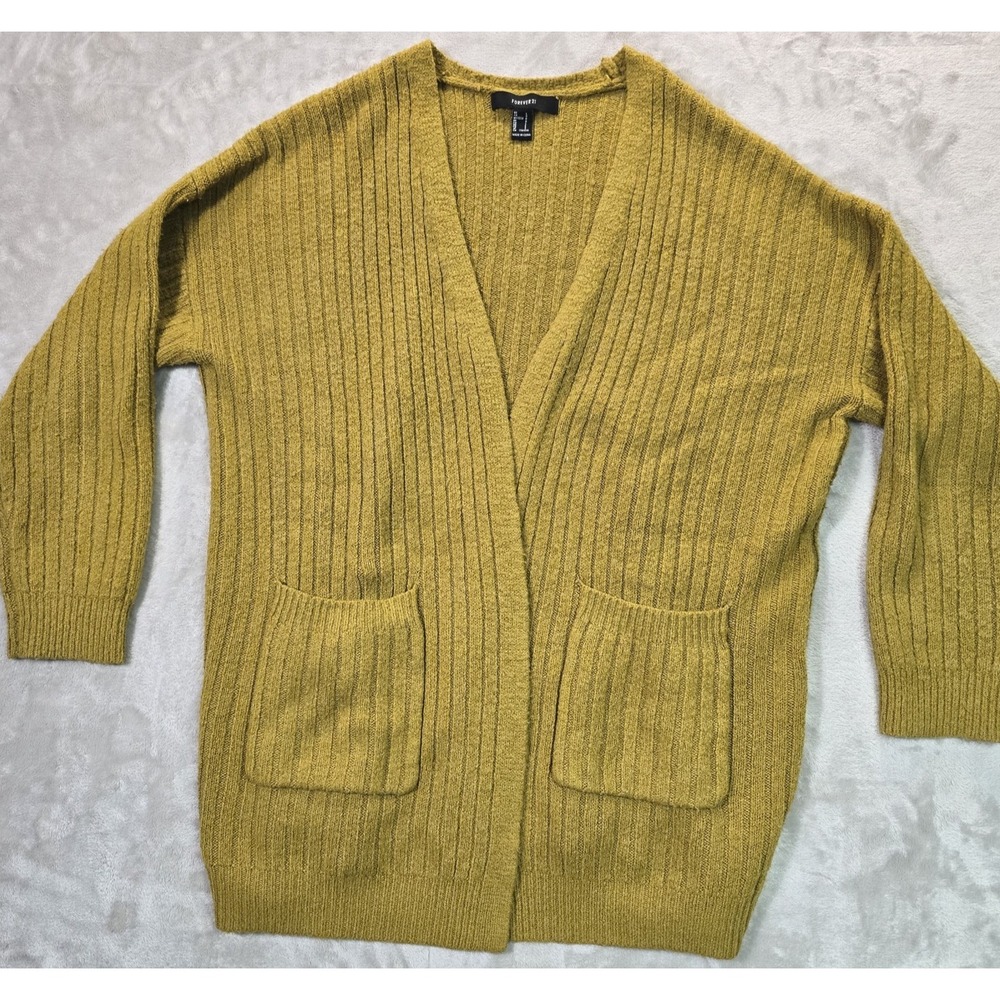 Forever 21 Open Front Knit Cardigan Women's Size L Mustard Yellow Pockets